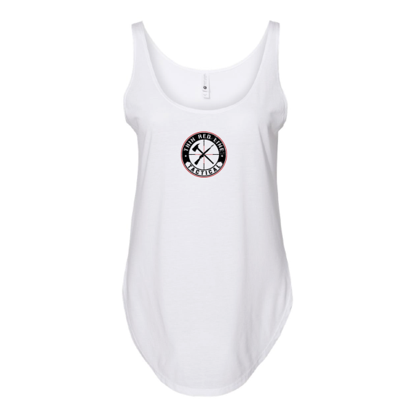 Front view of a white TRLT festival tank top with circular chest logo